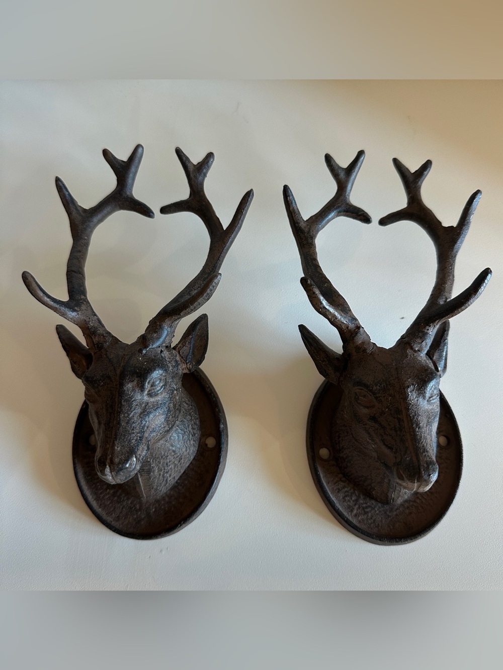 Rustic Cast Iron Deer Elk Head Wall Hook Decor - Brown Rustic Set of 2